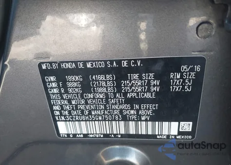 2016 Honda Hr-V Lx из США, поврежденный, VIN 3CZRU6H35GM750783